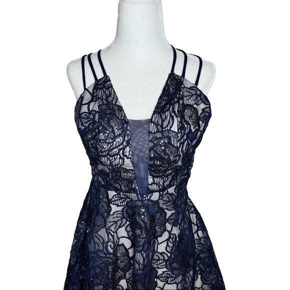 B Darlin Floral Lace Fit and Flare Dress Dark Blue 1/2 - Picture 3 of 13